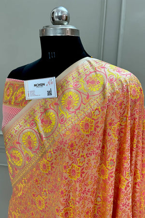 Baby Pink and Peach Jungle Fool Katan Silk Banarasi Saree