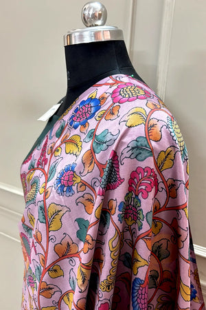 Baby Pink and Teal Printed Silk Saree