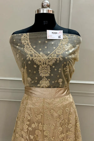 Beige Zariwork Semi Stitched Net Bridal Lahenga