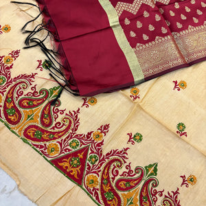 Beige and Maroon Embroidery Work Tussar Silk Salwar Suit