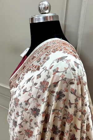 Beige and Pink Resham Silk Banarasi Saree