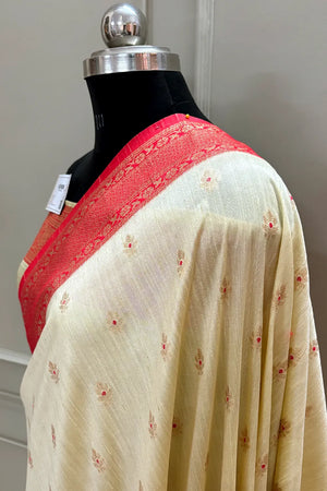 Beige and Red Golden Zari Linen Silk Banarasi Saree