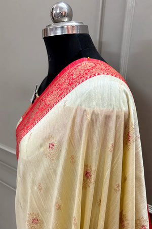 Beige and Red Golden Zari Linen Silk Banarasi Saree