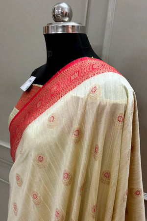 Beige and Red Golden Zari Linen Silk Banarasi Saree