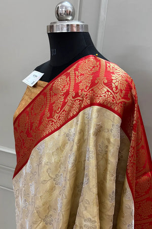 Beige and Red Golden Zari Tissue Silk Banarasi Saree