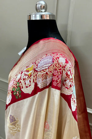 Beige and Red Handloom Pure Katan Silk Banarasi Saree