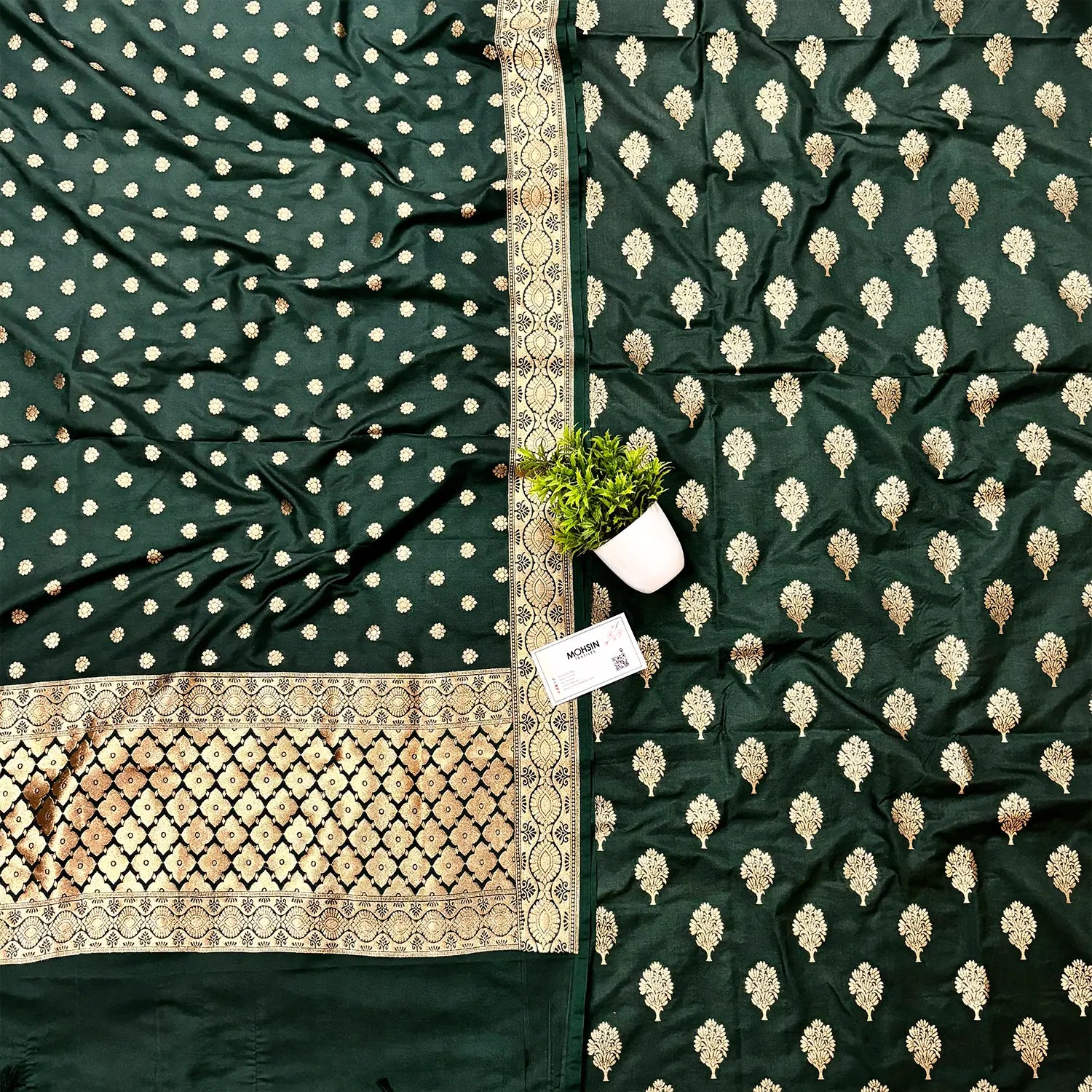 Bottle Green Golden Zari Katan Silk Banarasi Suit