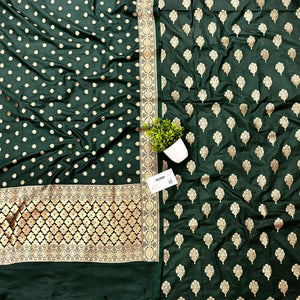 Bottle Green Golden Zari Katan Silk Banarasi Suit