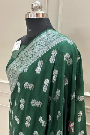 Bottle Green Golden Zari Georgette Silk Banarasi Saree