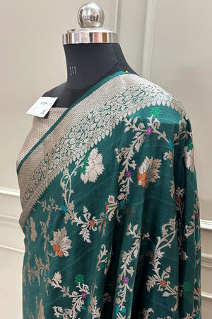 Bottle Green Golden Zari Silky Banarasi Saree