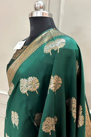 Bottle Green Golden Zari Silky Banarasi Saree