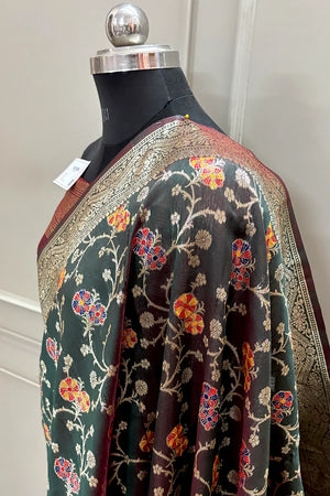 Bottle Green Golden Zari Silky Banarasi Saree