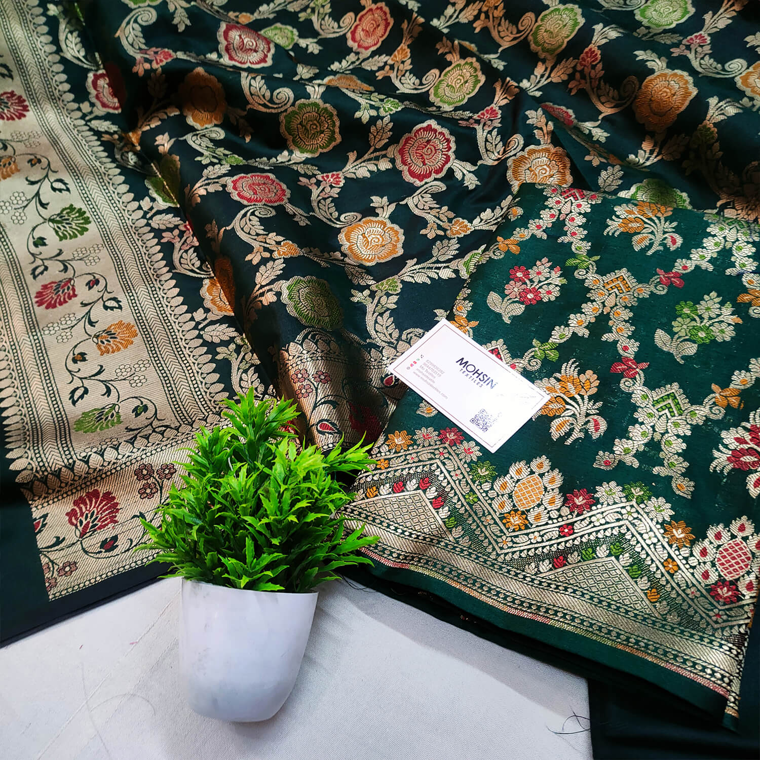 Bottle Green Meenakari Katan Silk Banarasi Suit