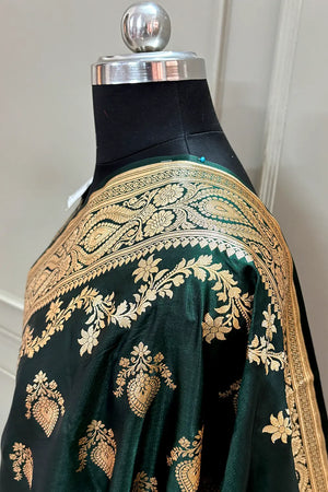 Bottle Green Ruby Buti Katan Silk Banarasi Saree