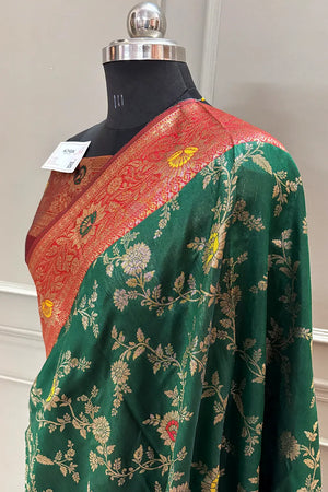 Bottle Green and Maroon Resham Zari Silky Banarasi Saree