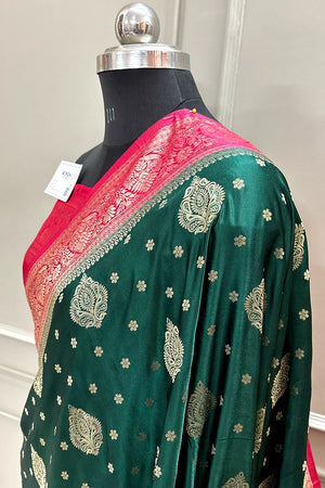 Bottle Green and Red Golden Zari Silky Banarasi Saree
