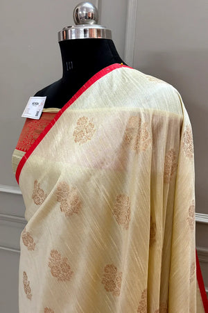 Cream and Red Golden Zari Linen Silk Banarasi Saree
