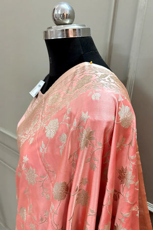 Dark Peach Kesari Jaal Katan Silk Banarasi Saree