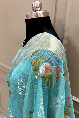Firozi Embroidery Tissue Silk Banarasi Saree