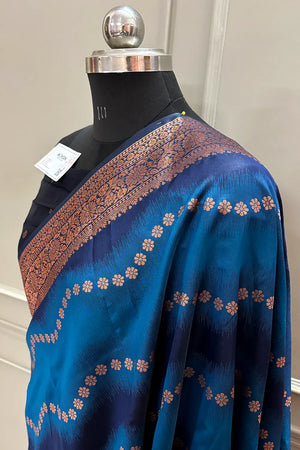 Firozi Golden Zari Silky Banarasi Saree