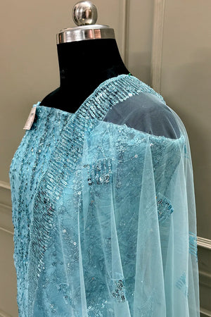 Firozi Sequence Embroidery Net Salwar Suit