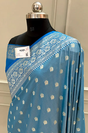 Firozi and Blue Ghonga Buti Katan Silk Banarasi Saree