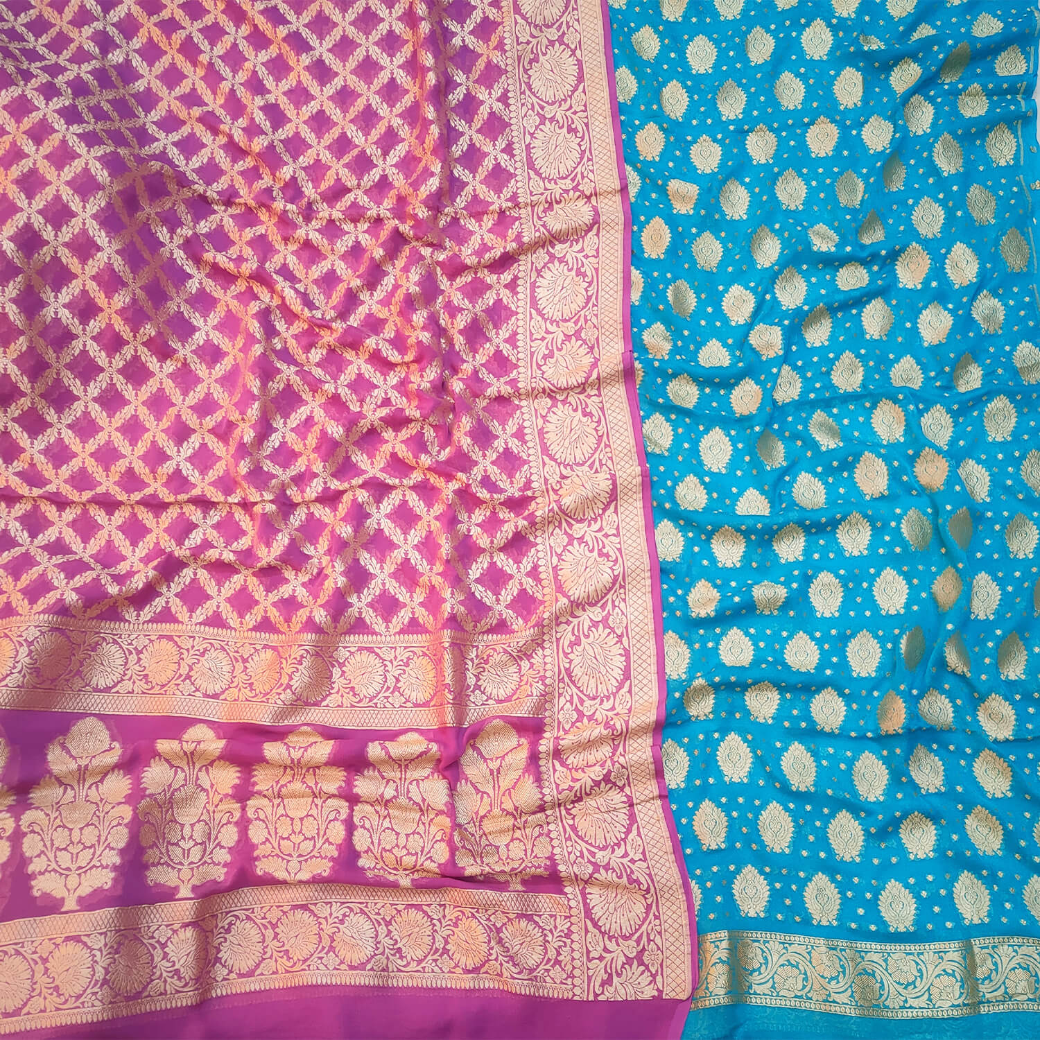 Firozi and Magenta Golden Zari Banarasi Georgette Silk Salwar Suit