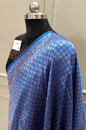 Firozi and Navy Blue Silky Banarasi Saree