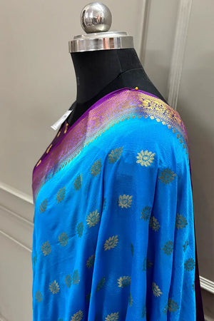 Firozi and Purple Golden Zari Silky Banarasi Saree