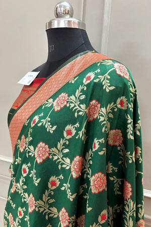 Green and Red Resham Zari Silky Banarasi Saree