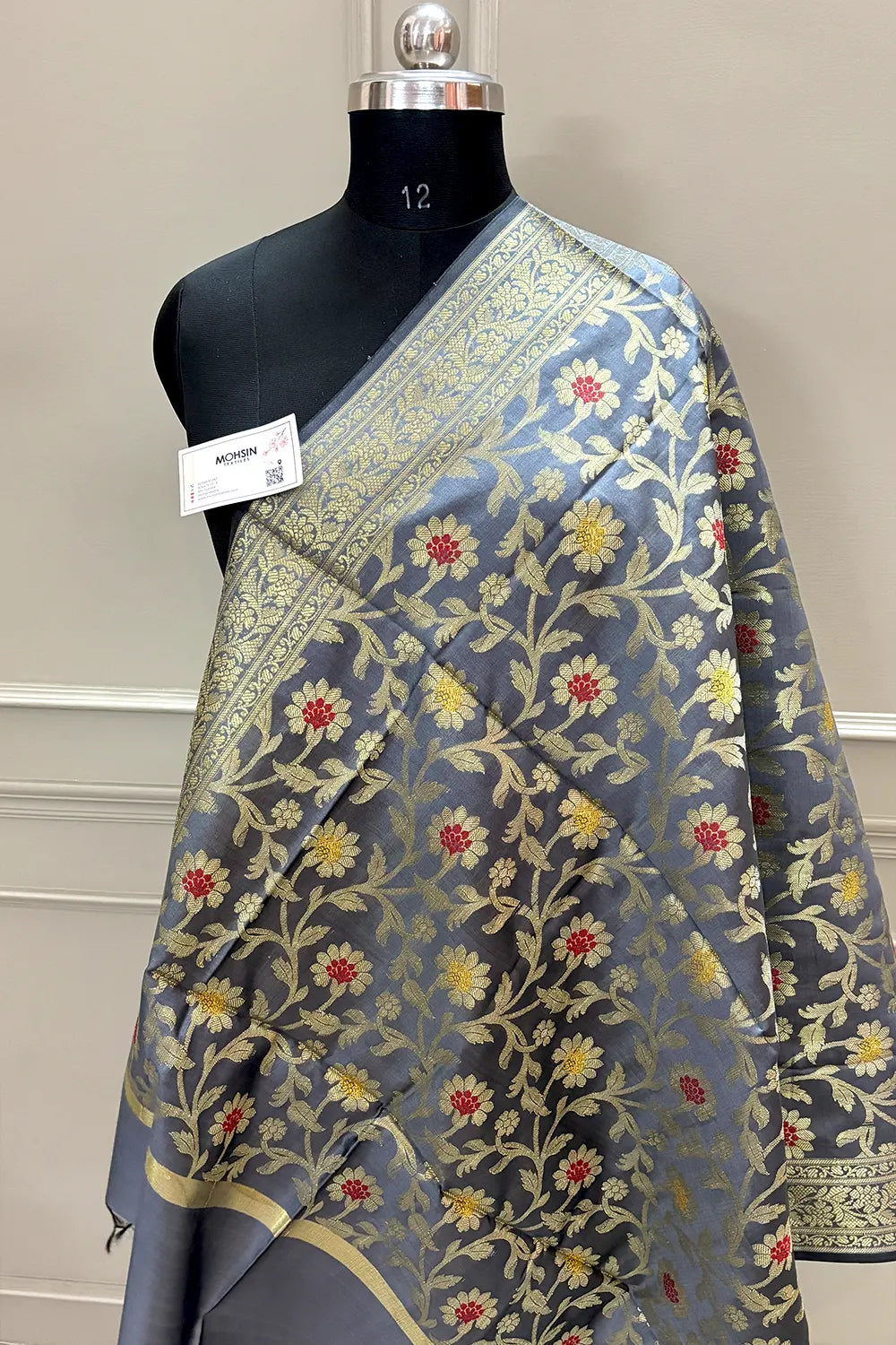 Grey Golden Zari Banarasi Silk Dupatta
