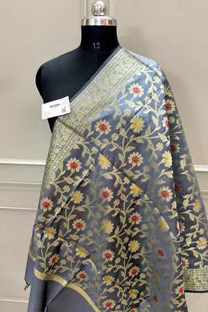 Grey Golden Zari Banarasi Silk Dupatta