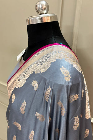 Grey Kanak Buti Katan Silk Banarasi Saree