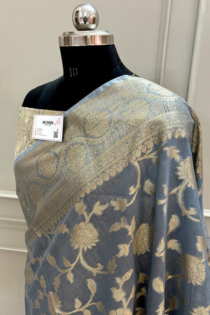 Grey Lotus Jaal Chanderi Silk Banarasi Saree