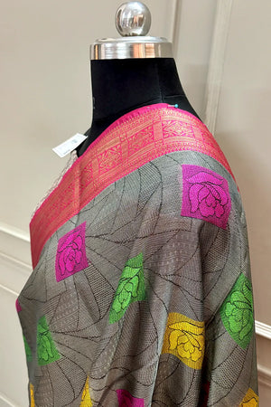 Grey and Pink Chanderi Silk Banarasi Saree