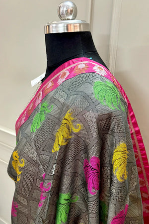Grey and Pink Chanderi Silk Banarasi Saree