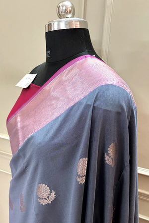 Grey and Pink Golden Zari Banarasi Silk Saree