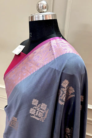 Grey and Pink Golden Zari Banarasi Silk Saree