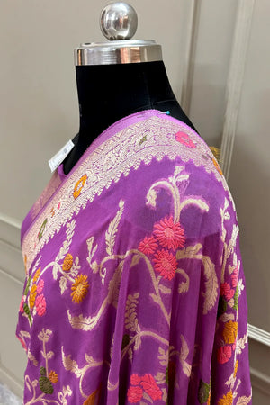 Lavender Golden Zari Georgette Silk Banarasi Saree