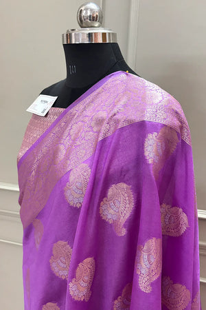 Magenta Golden Zari Organza Silk Banarasi Saree