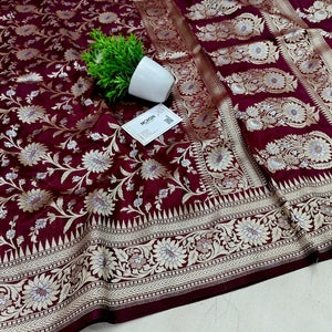 Maroon Ganga Jamuna Crepe Silk Banarasi Saree