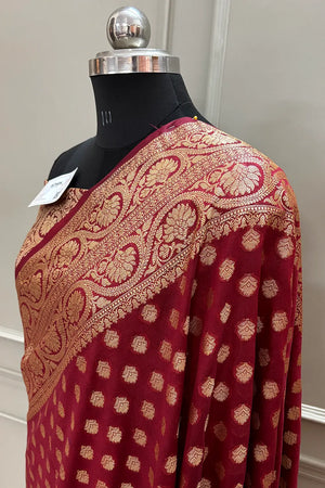 Maroon Golden Zari Chanderi Silk Banarasi Saree