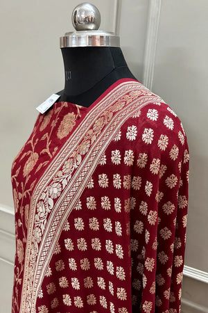 Maroon Golden Zari Pure Georgette Silk Banarasi Suit