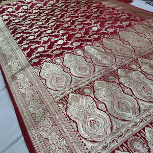 Maroon Golden Zari Katan Silk Banarasi Saree