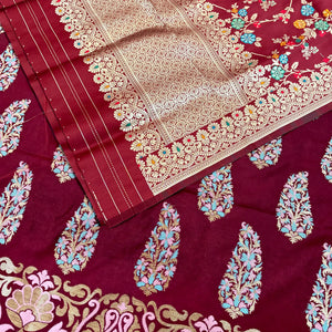 Maroon Golden Zari Katan Silk Banarasi Suit