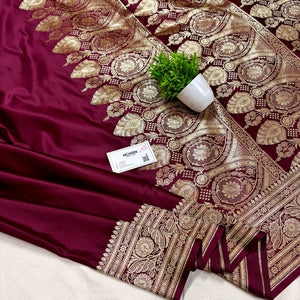 Maroon Plain Golden Zari Katan Silk Banarasi Saree