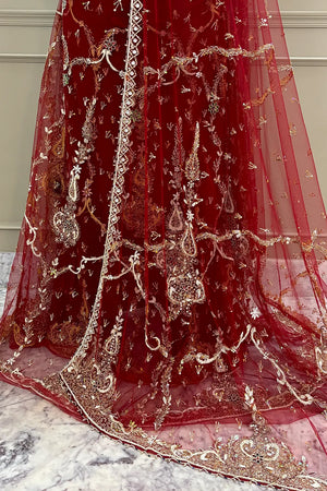 Maroon Zariwork Semi Stitched Net Lahenga