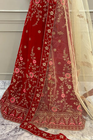 Maroon and Beige Zariwork Semi Stitched Velvet Lahenga