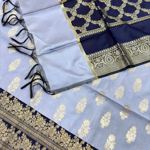 Mauve and Navy Blue Phooldaan Buti Satin Silk Banarasi Suit