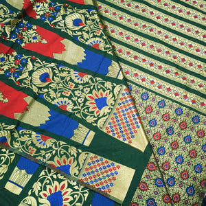 Meenakari 24 Kalli Pure Crepe Silk Banarasi Handloom Lahenga Bottle Green Blouse